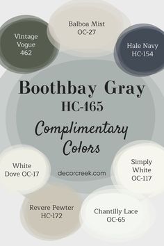 Boothbay Gray by Benjamin Moore is a soft, cool gray that pairs effortlessly with a range of complementary colors. White Dove and Simply White offer bright, crisp accents, while Revere Pewter and Balboa Mist add subtle, neutral tones for balance. Hale Navy and Vintage Vogue provide bold, deep contrasts, and Chantilly Lace brings a fresh, clean touch. This versatile palette creates a calm, sophisticated look, making it ideal for both modern and traditional spaces. Seattle Gray Benjamin Moore, Revere Pewter 75% Lighter, Benjamin Moore Balboa Mist Coordinating Colors, Balboa Mist Accent Color, Benjamin Moore Modern Farmhouse Colors, Balboa Mist And White Dove, Vintage Vogue Paint Benjamin Moore, Benjamin Moore White Dove Color Palette, Blue Taupe Color Palette