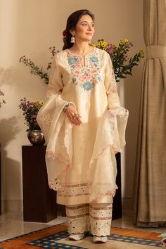 Almond ivory straight kurta featuring cutwork, floral embroidery on the front and hem. Paired with a embroidered pant and a scallop hem dupatta. - Aza Fashions Embroidered Pants, Floral Set, Pakistani Dress, Scallop Hem, Straight Kurta, Pakistani Dress Design, Embroidery Suits, Fashion App, Silk Organza