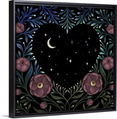 a painting with flowers and stars in the shape of a heart on a black background