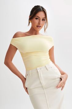 Alayna Recycled Nylon Ruched Top - Lemon | MESHKI U.S Off-shoulder Ruched Top In Elastane, Ruched Off-shoulder Elastane Top, Off-shoulder Ruched Top, Off-shoulder Ruched Elastane Tops, Stretch Ruched One Shoulder Top With Asymmetrical Neckline, Ruched One Shoulder Top With Asymmetrical Neckline, Ruched One-shoulder Top With Asymmetrical Neckline, Asymmetrical Neckline Stretch Tops, Stretch Ruched One Shoulder Top