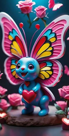 a blue and yellow butterfly figurine holding a heart in front of pink roses