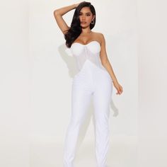 Finer Things - Jumpsuit White Size: Small Fitted White Pantsuit For Night Out, White Fitted Pantsuit For Night Out, Fitted White Bottoms With Lined Body, White High Waist Bodysuit For Night Out, White High-waist Bodysuit For Night Out, White Sleeveless Pantsuit For Night Out, White Stretch Strapless Jumpsuit For Party, White Fitted Strapless Jumpsuit For Party, Elegant White High Waist Bodysuit