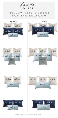 the pillow size guide for the bed is shown in blue and white, with different sizes