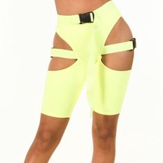 Neon Yellow Buckle Cut-Out Shorts Polyester True To Size Cut-Out Stretch Neon Yellow Bottoms For Summer, Neon Yellow Stretch Bottoms For Summer, Fitted Neon Summer Bottoms, Fitted Neon Bottoms For Summer, Trendy Neon Yellow Bottoms For Spring, Neon Yellow Shorts For Summer, Fitted Neon Yellow Bottoms For Summer, Neon Yellow, Bike Shorts