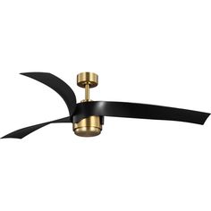 a black and gold ceiling fan with two blades on the blade, one light is turned on