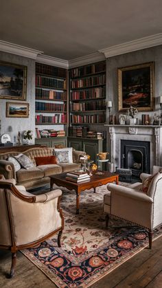 a living room filled with lots of furniture and bookshelves next to a fire place