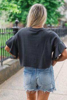 Details Charcoal Waffle Crop Tee Fabric has stretch Crewneck, flutter sleeves, cropped Pair this top with cute shorts! Unlined Size small from shoulder to hem: 17" Material and Care 100% cotton Machine wash cold, no drum drying Patterns may vary Materials may have natural variations Colors may vary from different viewing devices Summer Cotton Tops With Butterfly Sleeves, Summer Cotton Top With Butterfly Sleeves, Cotton Butterfly Sleeve Top For Summer, Casual Cotton Tops With Flutter Sleeves, Casual Cotton Flutter Sleeve Tops, Stretch T-shirt With Ruffle Sleeves For Summer, Spring Cropped T-shirt For Day Out, Stretch Cotton Crop Top With Ruffles, Summer Stretch Tops With Butterfly Sleeves