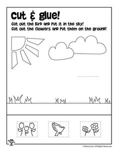 the cut and glue worksheet for children to learn how to draw clouds, flowers and