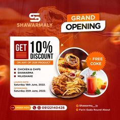 an advertisement for shawarmay's grand opening