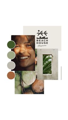 a collage of photos with green and brown colors on it, including an image of a woman's face