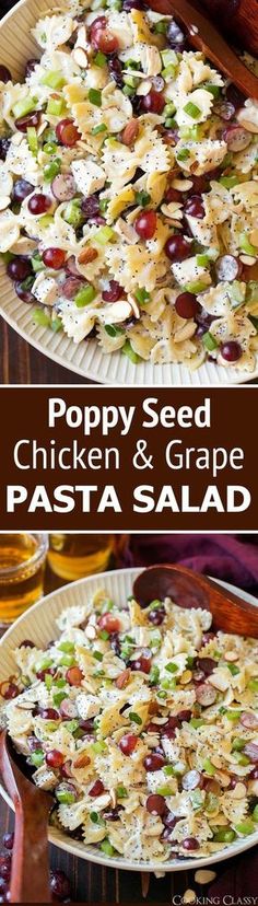 poppy seed chicken and grape pasta salad is shown in two separate images with the title above it