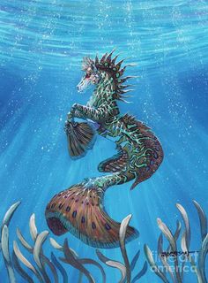 a painting of a sea horse swimming in the ocean with its tail curled up to it's back