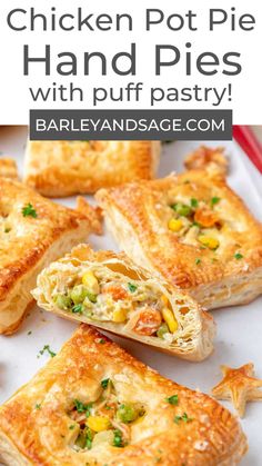 chicken pot pies with puff pastry on a white plate and text overlay that reads chicken pot pie hand pies with puff pastry