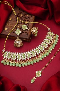 Buy Women's Alloy Necklace Set In Green Luxury Green Jewelry Sets For Festivals, Luxury Green Necklace For Festivals, Cheap Green Traditional Necklaces, Cheap Green Traditional Necklace, Green Necklace Set, Wedding Necklace Set, Green Stone Necklace, Earring Sets, Choker Necklace Set