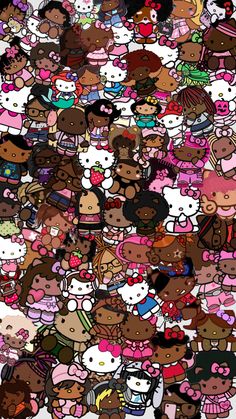 a large group of hello kitty characters all grouped together