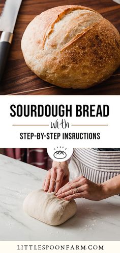 a person kneading bread on top of a wooden table next to a loaf of bread