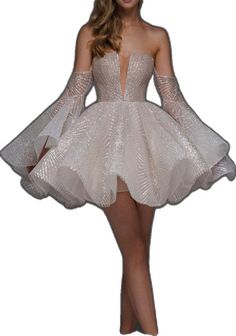 Glamorous White A-line Mini Dress, Evening Mini Dress With Shimmer And V-neck, Homecoming Formal Dresses, A Line Shorts, Mother Wedding Dress, Bride Groom, Homecoming, Prom, Prom Dresses