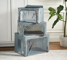 three suitcases stacked on top of each other in front of a potted plant