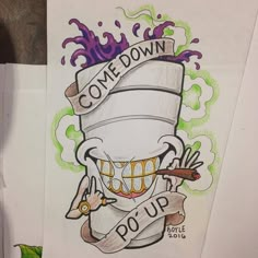 a drawing of a chef hat with the words come down pop up on it