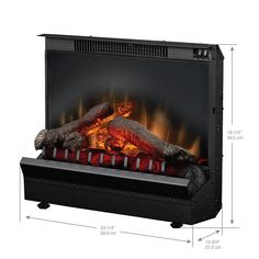 an electric fireplace with logs and flames on the front, in black finish frame against a white background