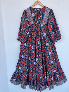 "Cotton maxi, long dress, floral dress, boho dresses, hippie dresses, dress with border, bohemian maxi, vintage gown, floral maxi, umbrella maxi, block printed dress, dress for special occasion, gift for her, orange floral dress, orange printed dress, boho gown, party dresses    Feel beautiful and confident throughout your days wearing our block printed outfits, made with high quality soft and breathable cotton fabric.  The print on the dress is known as \"BLOCK PRINT\" which is centuries old technique of Indian textile carried out  by local artisans of Jaipur (INDIA) MEASUREMENTS (in inches): Size XXS-: Bust- 34″ | Shoulder- 13.5″ | Length- 51″ Size XS-: Bust- 36″ | Shoulder- 14″ | Length- 51″ Size S-: Bust- 38″ | Shoulder- 14.5″ | Length- 51″ Size M-: Bust- 40″ | Shoulder- 15″ | Length- Bohemian Multicolor Printed Maxi Dress, Bohemian Maxi Dress With Printed Motifs, Bohemian Floral Print Maxi Dress, Traditional Boho Maxi Dress With Floral Print, Blue Bohemian Floral Dress With Ditsy Print, Bohemian Blue Ditsy Floral Dress, Bohemian Floor-length Floral Midi Dress, Bohemian Multicolor Kalamkari Maxi Dress, Bohemian Midi Dress With Block Print