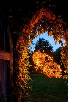 an archway with lights in the shape of balls and vines on it at night time