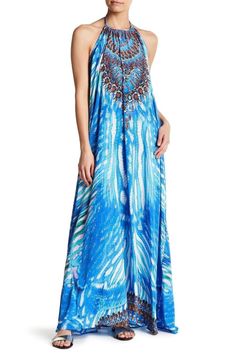 Neck Lace / Halter Neck Dress For Beach Cover Up - Hot Boho Resort & Swimwear Breezy Halter Neck Dress For Poolside, Rayon Maxi Dress For Vacation, Blue Halter Neck Dress For Vacation, Blue Halter Dress For Beach Season, Blue Maxi Dress For Vacation, Blue Halter Neck Maxi Dress For Vacation, Summer Rayon Maxi Dress For Beach Cover-up, Blue Flowy Maxi Dress For Poolside, Beach Vacation Sundress Halter Dress