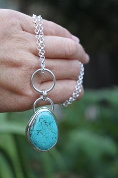 The most striking, one of a kind necklace featuring a natural turquoise cab surrounded by chunky sterling silver - what more could a boho babe ask for!? -d e t a i l s- -hand crafted & bezel set in solid sterling silver, this irregular turquoise cabochon measures 3 x 2.3 cm -the entire pendant incl. silver rings measures roughly 6cm top to bottom -includes a chunky 45cm sterling silver chain  Ready to ship! >All Lola&Cash jewellery will arrive gift wrapped >>Rush orders can be accommodated - ple Boho Hippie Style, Cabochon Necklace, Statement Pendant, Natural Turquoise, Necklace Handmade, Handmade Sterling Silver, Hippie Style, Boho Hippie, Sterling Silber