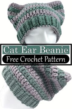 a crocheted cat ear beanie is shown with the text, free crochet pattern