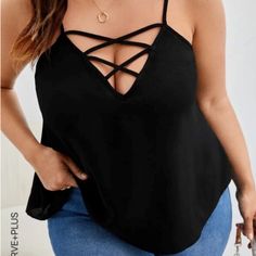 Black Shein Crisscross Cutout Cami Top Black Summer Tops With Cross Back, Black Summer Top With Cross Back, Black Cross Back Top For Summer, Black Tops With Crisscross Straps For Spring, Casual Black Cross Back Top, Casual Strappy Cross-tied Top, Casual Strappy Top With Cross-tied Details, Chic Black Tops With Crisscross Straps, Black Top With Crisscross Straps And Cross Back