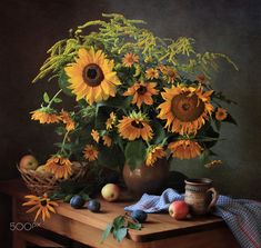 a painting of sunflowers in a vase on a table