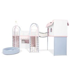 a pink and blue play set with a white house on the top floor, stairs to the second floor