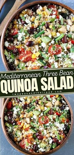 two bowls filled with quinoa salad on top of a blue table