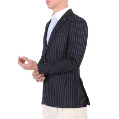 Make a striking first impression with this versatile Burberry pinstripe blazer. Its navy and white stripes add sharp contrast alongside button details. A timeless jacket meant for your Instagram feed, featuring front flap pockets to house your phone. Crafted from luxurious 100% wool in Italy, its premium fabric ensures lasting style whether you dress it up or down. Elevate any outfit with this classic piece proudly flaunting Burberry's signature check pocket square. Pinstripe Blazer With Lapel Collar For Business Casual, Pinstripe Blazer With Welt Pockets For Business Casual, Striped Business Blazer With Hidden Buttons, Striped Business Blazer With Hidden Button Closure, Striped Blazer With Hidden Button Closure For Business, Classic Pinstripe Blazer With Lapel Collar, Tailored Pinstripe Blazer With Lapel Collar, Formal Pinstripe Blazer With Welt Pockets, Pinstripe Blazer With Suit Collar For Business Casual