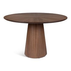 a round wooden table with an oval shaped base and dark wood grained finish on the top