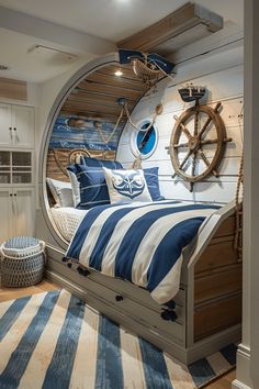 a bedroom with a bed and a ship wheel on the wall in it's center