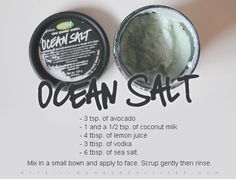 the ingredients for ocean salt are shown in black and white text on a white background