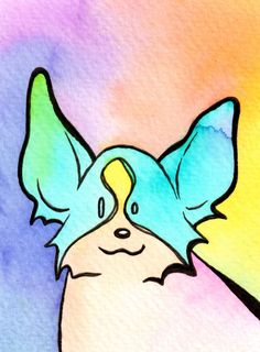 a drawing of a dog with wings on it's head and eyes, in front of a multicolored background