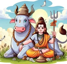 the god and cow are sitting on the grass