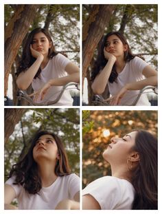 four different pictures of a woman sitting on a bike and looking up at the sky