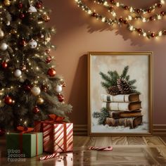 a christmas tree with presents under it in front of a framed painting on the wall