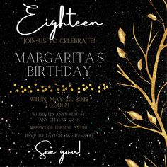 a black and gold birthday party card with leaves on it, in the night sky