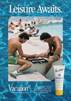 two men sitting next to each other in front of a swimming pool with sunscreen