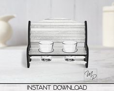 a wooden bench with two cups on it and the words instant download written below