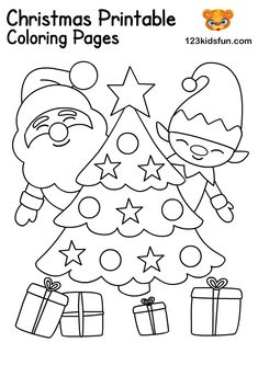 christmas printable coloring pages for kids with santa claus and presents on the tree in black and white