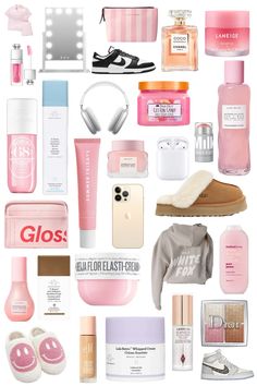 a collage of pink and white items including shoes, handbags, lipstick, perfume bottles