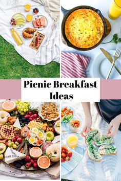 a collage of photos with the words picnic breakfast ideas on it and pictures of food