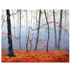 a painting of trees in the woods with orange and red leaves on the ground around them