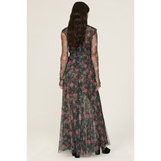 Black floral tulle (100% Polyester). A-line. Long sleeves. Crewneck. Back zipper closure. 57" from shoulder to hemline. Imported. Full Length Maxi Dress For Spring Cocktail, Spring Cocktail Full-length Maxi Dress, Spring Gala Maxi Dress With Sheer Sleeves, Spring Fitted Maxi Dress With Tulle Skirt, Fall Evening Maxi Dress With Floral Print, Fall Gala Dress With Sheer Sleeves, Fall Dresses With Sheer Sleeves And Floor-length, Floor-length Dresses With Sheer Sleeves For Fall, Fall Floor-length Dress With Sheer Sleeves