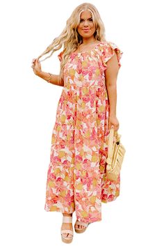 Orange Floral Print Shirred Ruffled Sleeveless Plus Size Dress Casual Ruffle Sleeve Maxi Dress For Summer, Summer Maxi Dress With Ruffle Sleeves, Casual Ruffle Sleeve Maxi Dress For Vacation, Vacation Maxi Dress With Ruffle Sleeves, Pink Casual Maxi Dress With Flutter Sleeves, Casual Sleeveless Maxi Dress With Ruffle Hem, Casual Pink Maxi Dress With Ruffled Straps, Leopard Satin Dress, Orange Floral Print